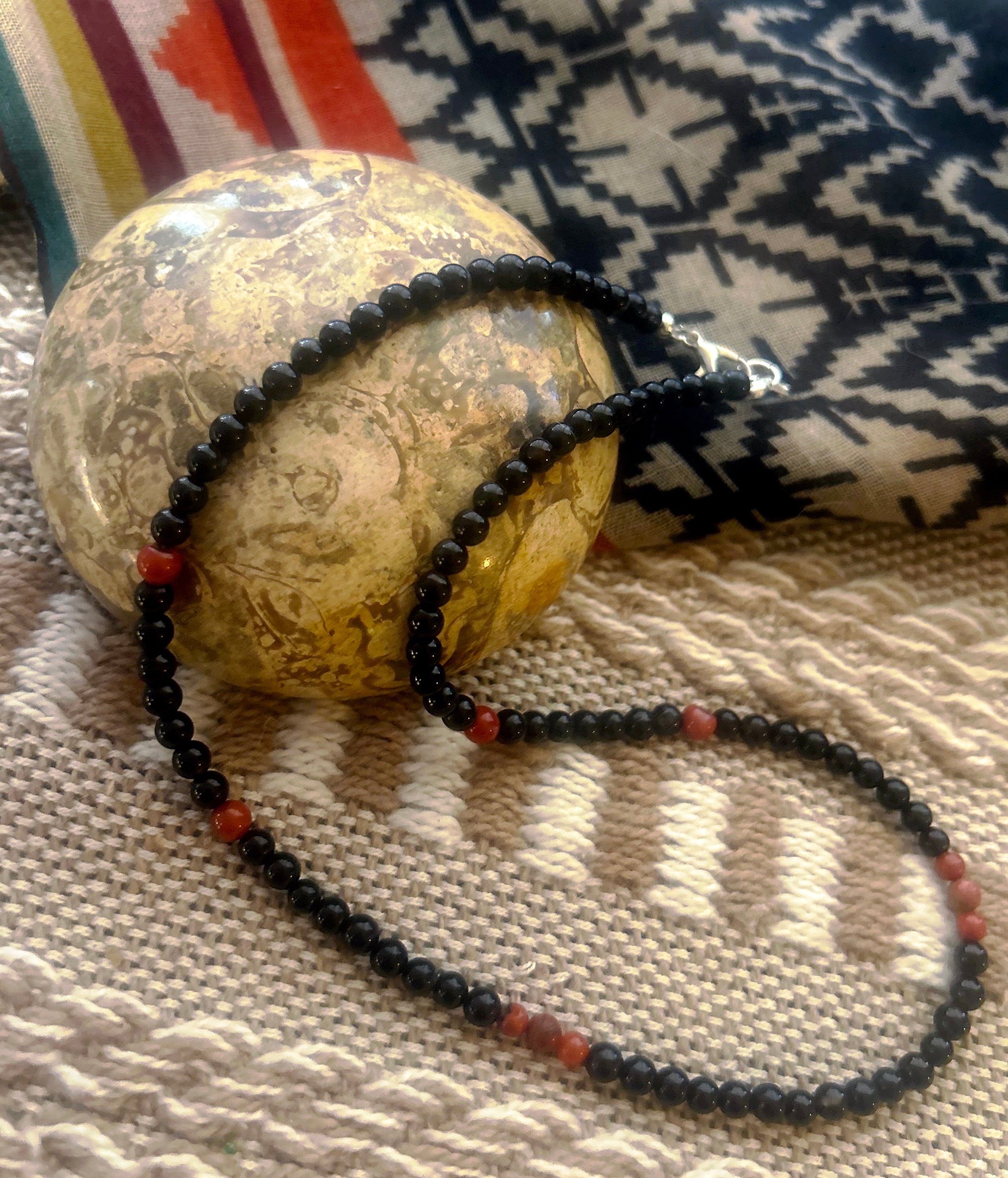 Men's Onyx & Carnelian Beaded Necklace